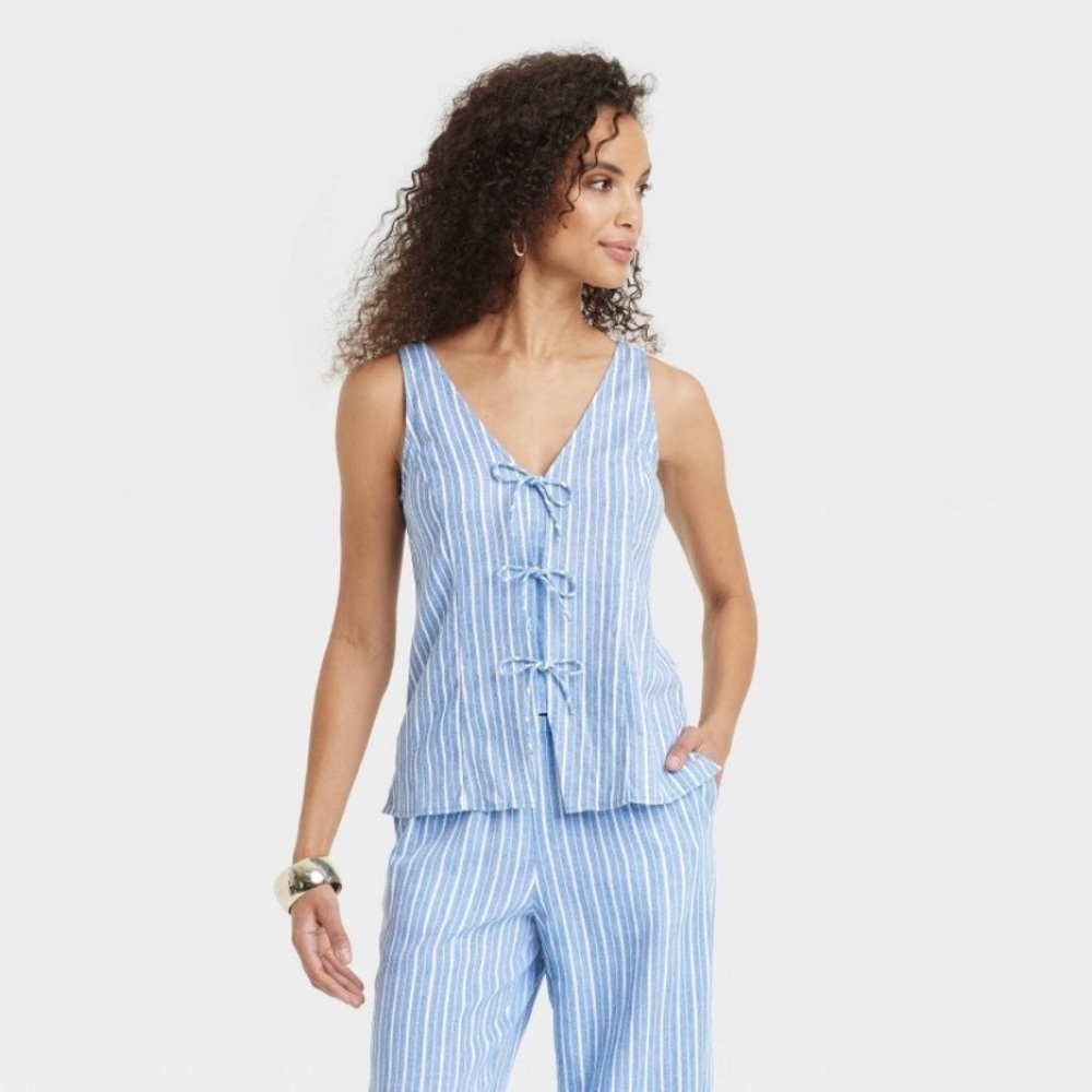 Linen Tie V Neck Blouse A New Day Blue/White Striped Sleeveless new 🆕